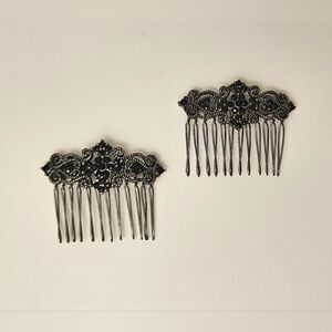 Vintage Black Rhinestone Filigree Hair Combs Set of 2